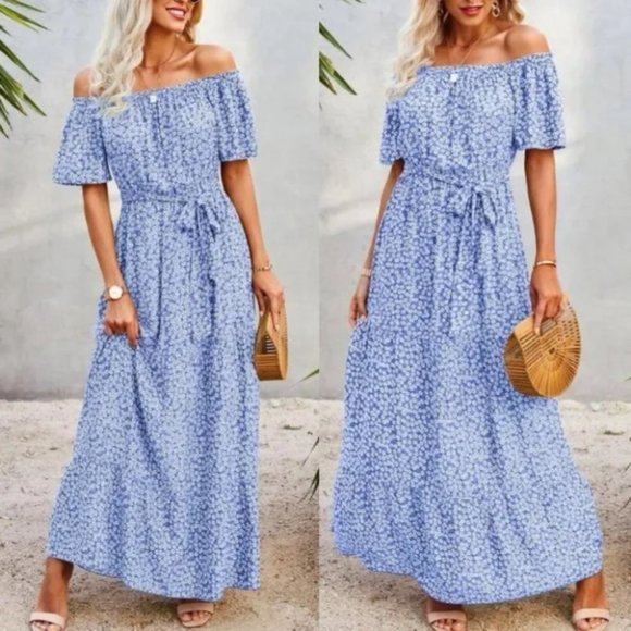 Floral off shoulder ruffle maxi dress BLUE - Picture 4 of 7